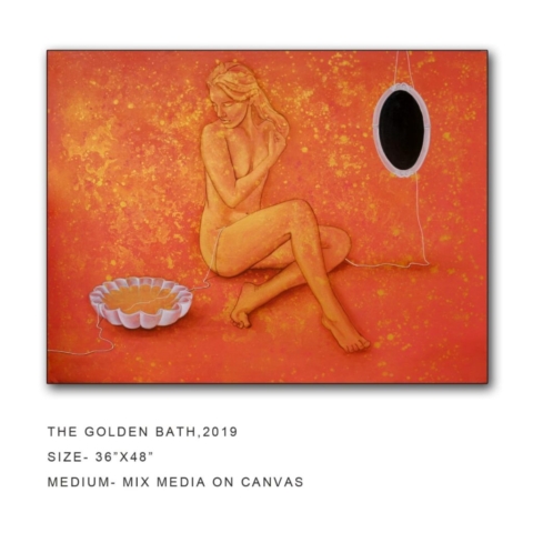 NYadav - Golden Bath, Size 36" x 48," Mixed Media on Canvas, 2019