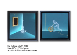 NYadav - Golden Stuff, Size 12" x 12" each one, Acrylic & Glass Color on Canvas, 2017
