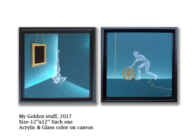 NYadav - Golden Stuff, Size 12" x 12" each one, Acrylic & Glass Color on Canvas, 2017