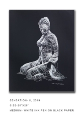 NYadav - Sensation II, Size 20" x 28," Medium White Ink Pen on Black Paper, 2019