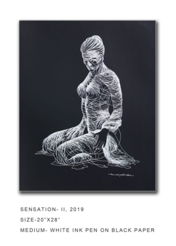 NYadav - Sensation II, Size 20" x 28," Medium White Ink Pen on Black Paper, 2019