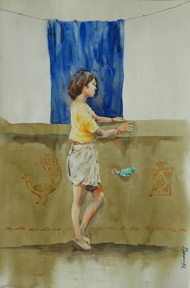 N Prajapat - Waiting - Watercolor on Paper - 15"x22" - 2020